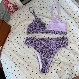 purple leopard contrast bikini set